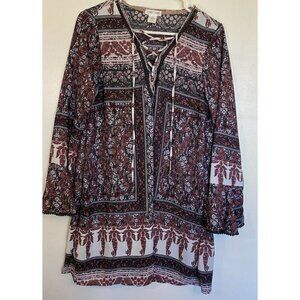 Clover+Scout Maroon Pattern Lace Up Bodice Long Sleeve Trim Cuff Shift Dress-Med